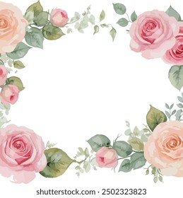 Watercolor roses leaves border corner stylized flowers with branches and foliage curled in vintage pastel colors abstract floral illustration with text box