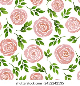 Watercolor roses with leaves, white background. Seamless floral pattern-317.