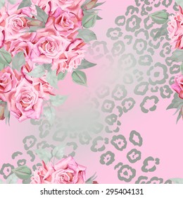 Watercolor roses pattern with leopard fur texture. Trendy fashion pattern for textile design.