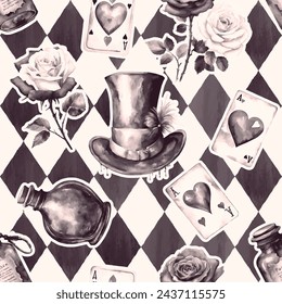 Watercolor roses, poison, hat, cards  on checkered background. Wonderland seamless pattern of Mad Hatter. 
Vector illustration.  Texture for fabric, wrapping, wallpaper. Black and white retro print