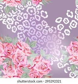 Watercolor roses seamless pattern with leopard background.