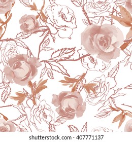 Watercolor Roses Seamless Pattern on White Background