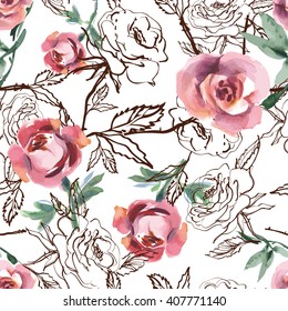 Rosas de aquarela padrão sem costura no fundo branco
