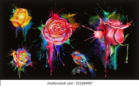 Watercolor roses, set of vector flowers icon on black