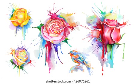 Watercolor Roses, Set Of Vector Icons