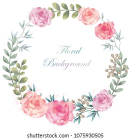 Watercolor round flower frame/background with text space, vector illustration. 