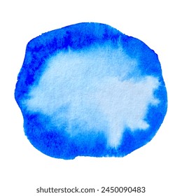 Watercolor round frame background made of blue paint and empty space for insertion, watercolor and white paper texture. Sticker, message, icon, social communication, emotion.