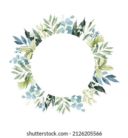Watercolor round frame with greenery leaves branch
