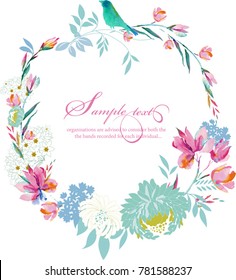 Watercolor round frame with peonies, roses, chrysanthemum, chamomile and bird