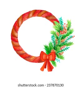 Watercolor round frame with red bow and fir-tree. Christmas decor. Hand painted elements for design. Aquarelle frame. Vector template.