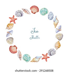 Watercolor Round Frame Of Sea Shells, Vector Illustration.