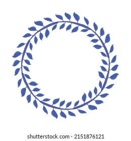 Watercolor round with leaf. Decorative leaves circle. Abstract floral ornament border. Porcelain design. China blue and white. Cute wreath element. leave for print. Plate pattern. Frame. Vector