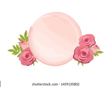 Watercolor Round Logo with Roses vector. Round watercolor logo isolated on a white background. Delicate feminine logo icon. Pink round logo vector. Vintage flower frame