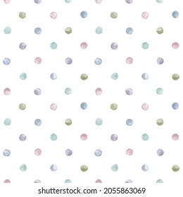 Watercolor round spots, uneven tiny polka dots seamless vector pattern. Natural, dim colors circle shape brush strokes, paint stains, watercolour smears background. Hand drawn colorful dot texture.