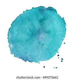 Watercolor round stain with splashes and drops of turquoise color. Watercolor background