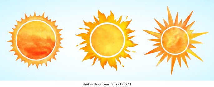 Watercolor round sun shapes, spiked solar corona, sunburst. Rising sun, sunset, dawn illustrations bundle. Orange red yellow watercolour stains circles, fire flaming frames. Maslenitsa background set