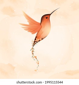 Watercolor of Rufous Hummingbird and beautiful flower.EPS 10
