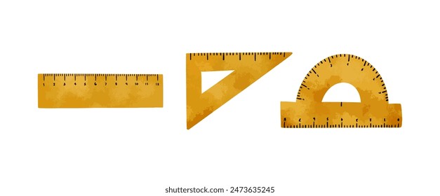 Watercolor ruler protractor clipart vector illustration isolated on white background, back to school collection