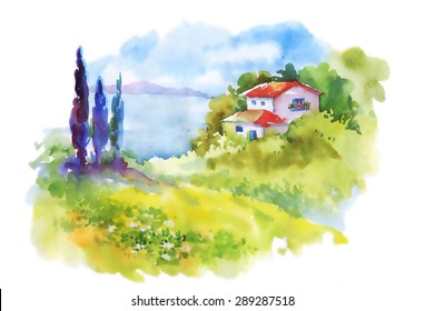 Watercolor rural house in green summer day vector illustration