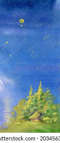 Watercolor Rural hut in the forest over night lake vector