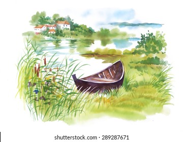 Watercolor Rural Landscape With Boat Vector Illustration