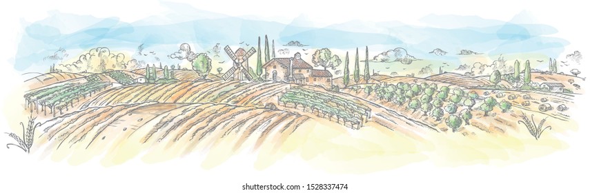 Watercolor rural landscape Hand drawn with plant. Vector illustration