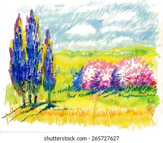 Watercolor rural summer landscape vector illustration