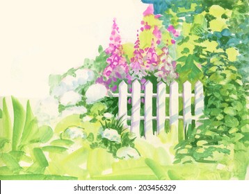 Watercolor Rural Wooden Fence In The Garden Vector