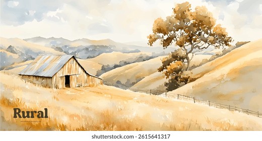watercolor of a rustic barn nestled in a golden rural landscape.