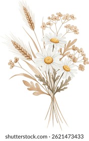 Aquarela Rústica Floral Buquê com margaridas e trigo, Boho Floral Illustration