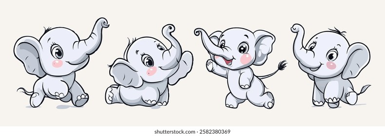 Watercolor Safari Animal Illustrations baby elephant. Cute Safari Wildlife Hand drawn Cartoon Illustration Collection