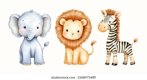 Watercolor Safari Animal Illustrations Elephant Lion Zebra. Cute Safari Wildlife Watercolor Paintings Collection