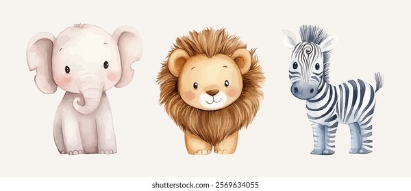 Watercolor Safari Animal Illustrations Elephant Lion Zebra Giraffe. Cute Safari Wildlife Watercolor Paintings Collection