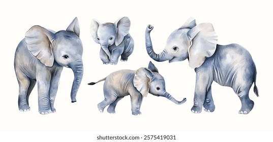 Watercolor Safari Animal Illustrations Elephant. Cute Safari Wildlife Watercolor Paintings Collection