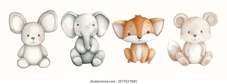 Watercolor Safari Animal Illustrations Elephant fox koala. Cute Safari Wildlife Watercolor Paintings Collection