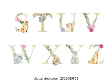 Watercolor safari animals vector letters for invitation card, nursery poster and other.