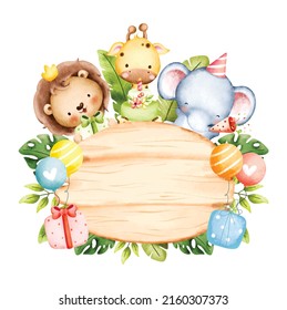 Watercolor safari animals and wooden board happy birthday party theme