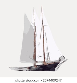 Watercolor sailboat illustration with tall sails and wooden mast. Nautical theme with sailboat and sea elements. Elegant sailboat art for decor. Vintage art drawing, isolated vector element.