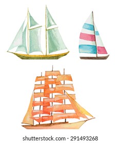 watercolor sailboats set, vector illustration