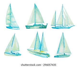 watercolor sailboats set, vector illustration