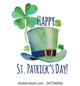 Watercolor Saint Patrick's Day card. Hand drawn artistic design with green leprechaun's hat and clover shamrock. Cartoon holiday illustration in vector