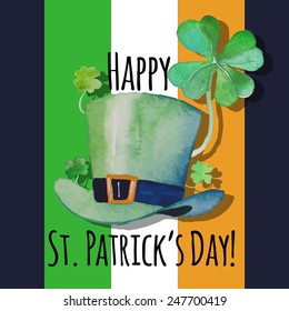 Watercolor Saint Patrick's Day card. Hand drawn artistic design with green leprechaun's hat and clover shamrock on Ireland flag background. Cartoon holiday illustration in vector