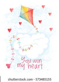 watercolor Saint Valentines Day vector card. Hand drawn flying kite and hearts. Greeting cover on 14 february. Love background