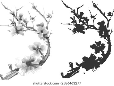 Watercolor Sakura Blossom Pack - Japanese Cherry Tree Pack. Artistic Branch Plum Blossom.