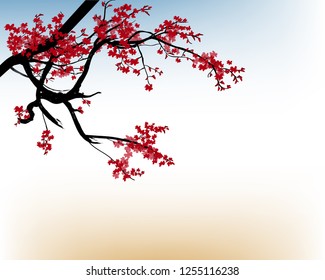 Watercolor sakura frame 2019. Background with blossom cherry tree branches. Hand drawn japanese flowers background