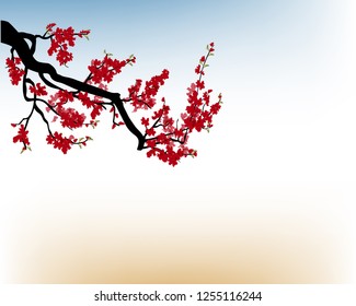 Watercolor sakura frame 2019. Background with blossom cherry tree branches. Hand drawn japanese flowers background