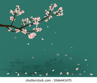 Watercolor sakura frame. Background with blossom cherry tree branches. Hand drawn japanese flowers