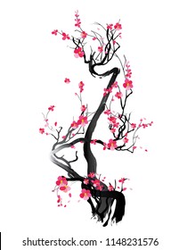 Watercolor sakura frame. Background with blossom cherry tree branches. Hand drawn japanese flowers background