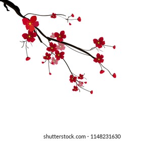 Watercolor sakura frame. Background with blossom cherry tree branches. Hand drawn japanese flowers background