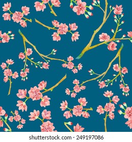 Watercolor sakura pattern. Seamless natural texture with blossom cherry tree branches. Hand drawn japanese flowers on dark blue background